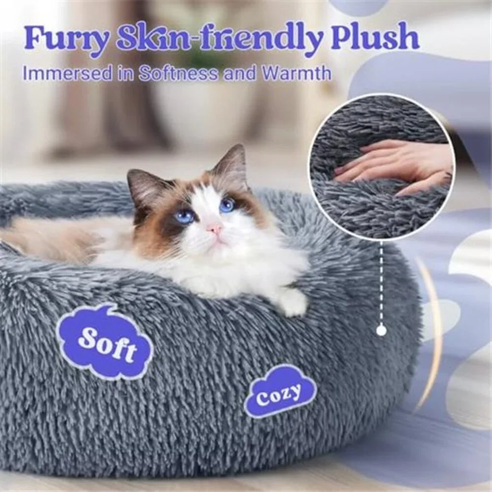 Round Cat Bed Plush Donut Self Warming Small Dog Kitten Cushion Soft Indoor Pet